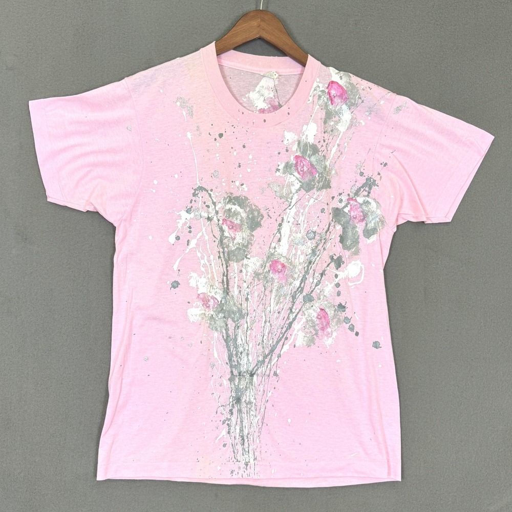 Vintage Screen Stars T Shirt Women L Pink Hand Painted Floral Beaded USA Art